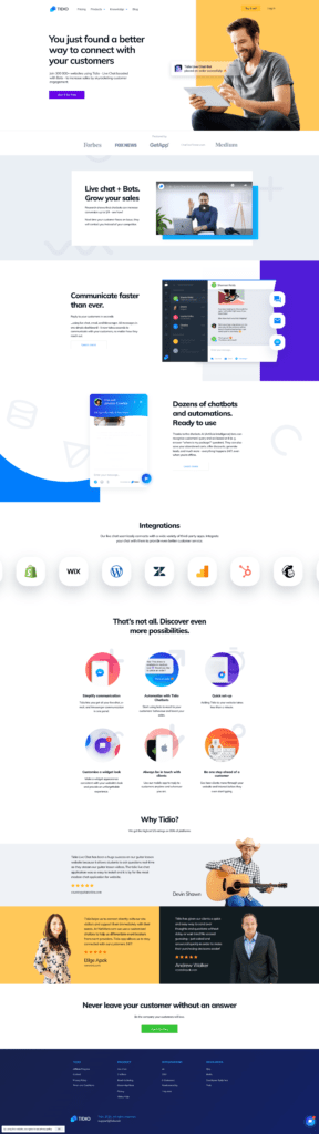Tidio homepage (May 2020) website example