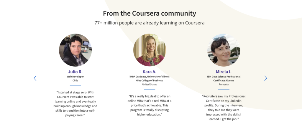 Testimonial Website Example - Coursera